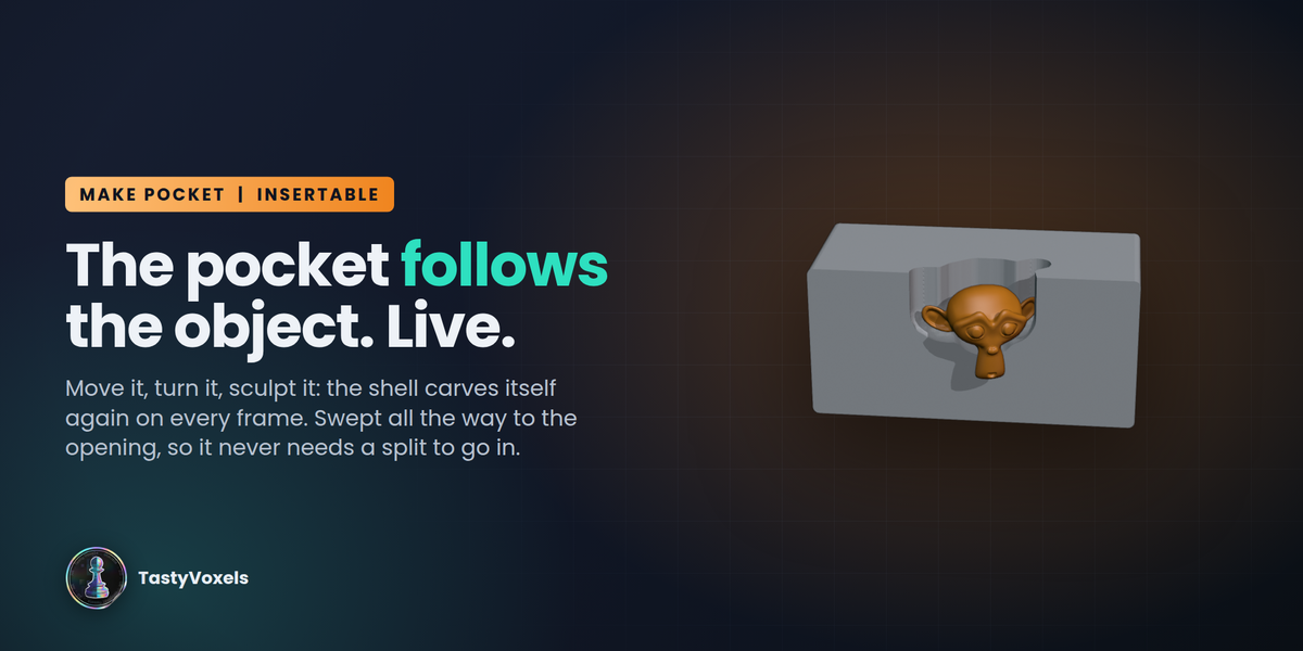 The pocket follows the object while it moves, carved again by Blender on every frame