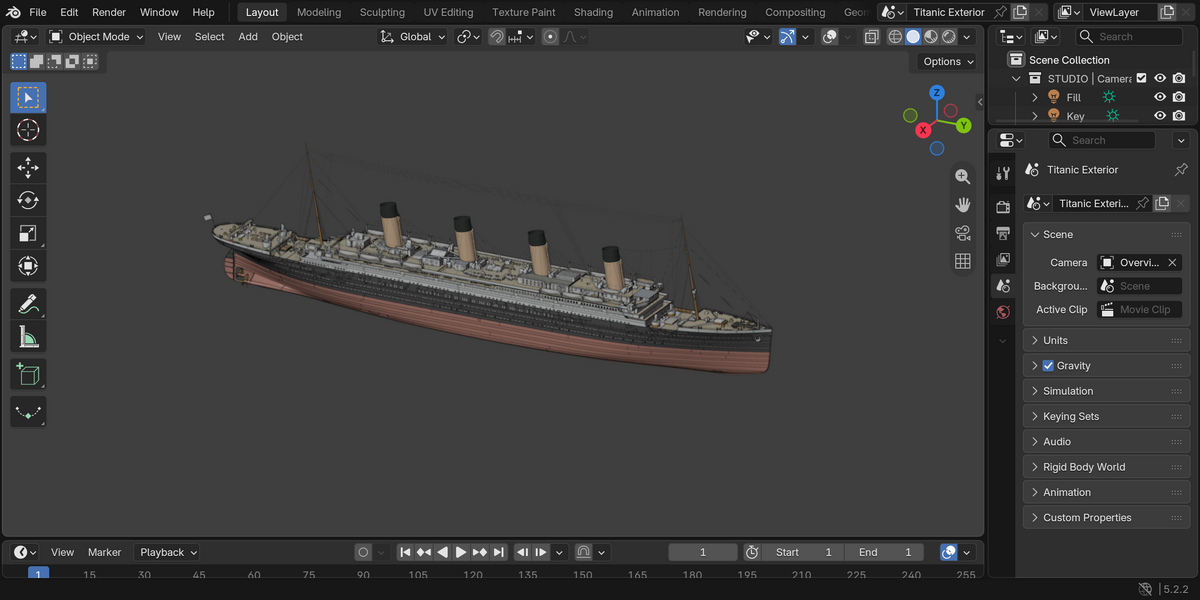 Actual Blender screenshot: WORKSPACE / FULL EXTERIOR