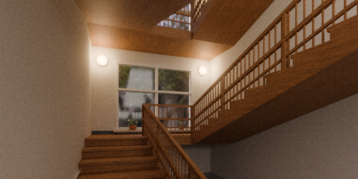 Timber stair flights and railings in an interior.