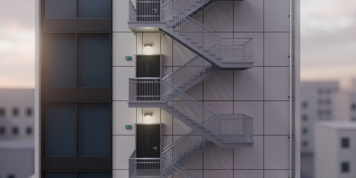 Exterior metal stair flights with railings and landings.