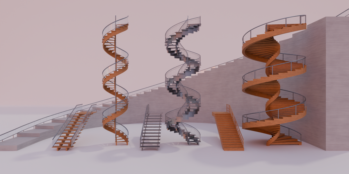 Straight and spiral stair variations with timber and metal construction.
