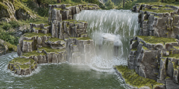 Close view of a waterfall flowing over mossy rocks into a pool with white spray and mist.