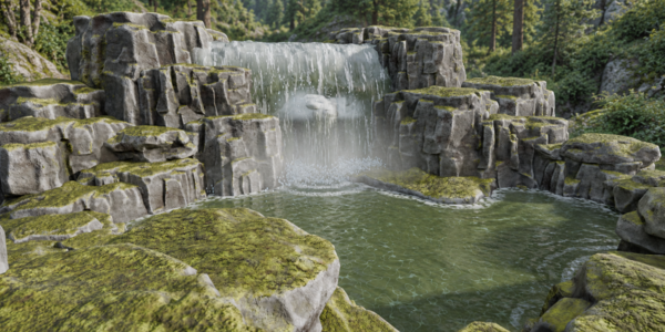 Wide view of a waterfall and green pool framed by moss-covered rocks against a forest background.