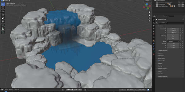 Blender solid viewport with blue water geometry among grey cliff meshes.