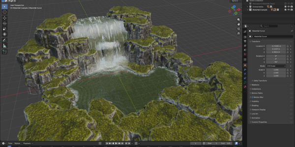 Blender viewport showing a waterfall cascading between textured moss-covered rocks.