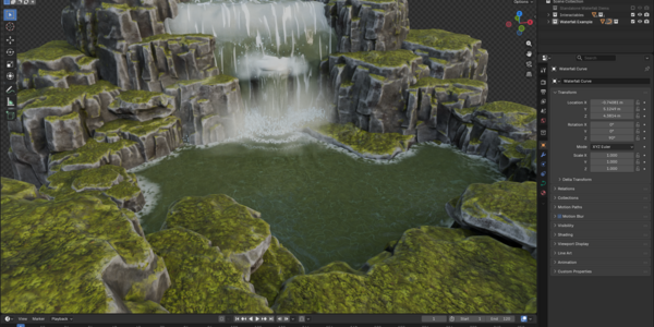 Close Blender viewport view of falling water, white foam and a patterned receiving pool.