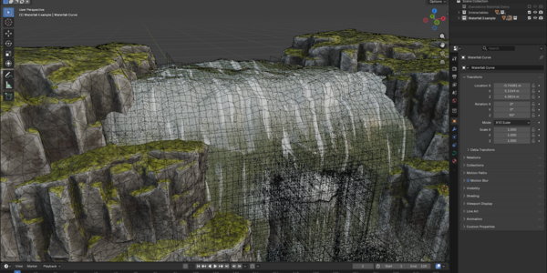 Waterfall scene in Blender with a wireframe overlay across the rocks and water effects.