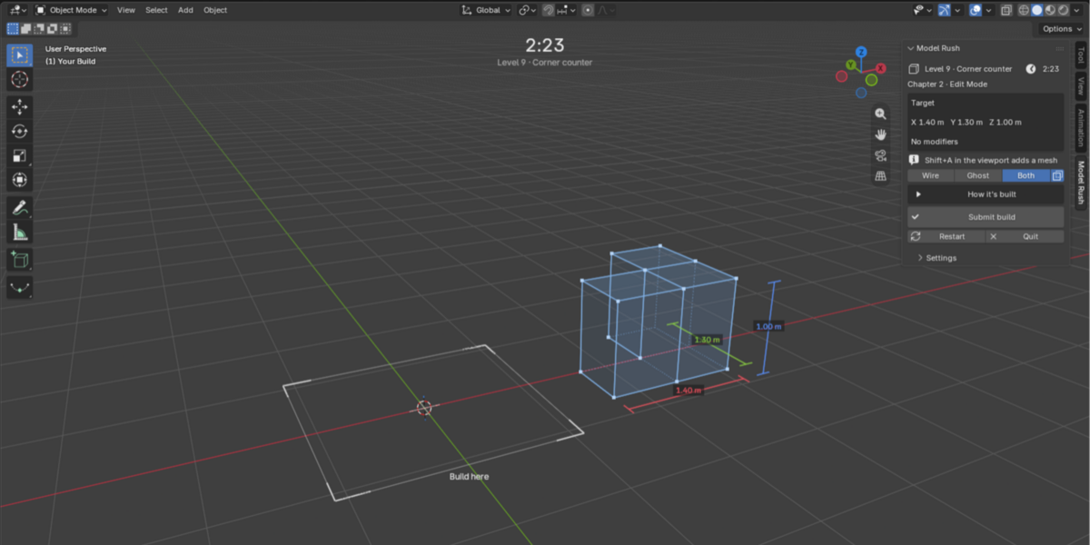 Level 9 in Blender: the target with its sizes beside the white build square, and the Model Rush sidebar