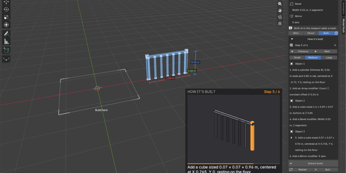 How it's built on Level 16, Railing: step 5 of 6 highlighted in the replay, with every step listed in the sidebar