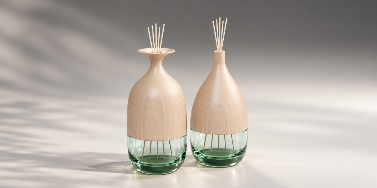 Wood and Green Glass Reed Diffuser Duo material close-up