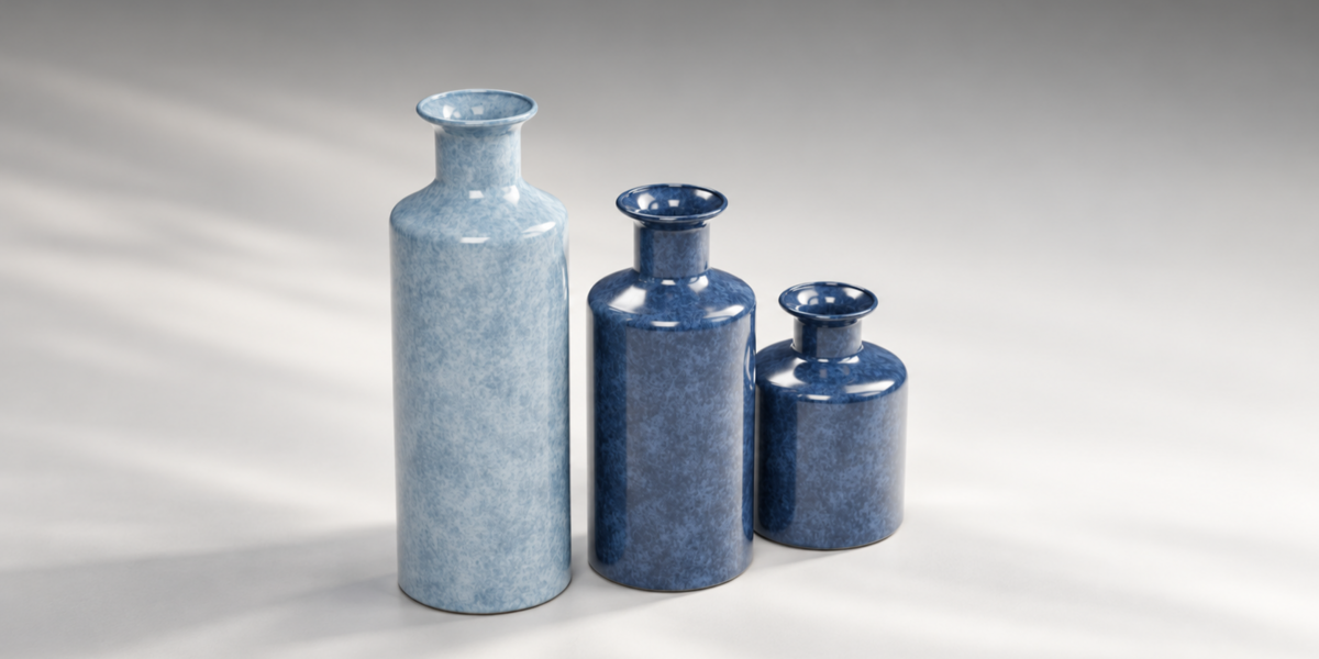 Blue Glazed Ceramic Vase Trio material close-up