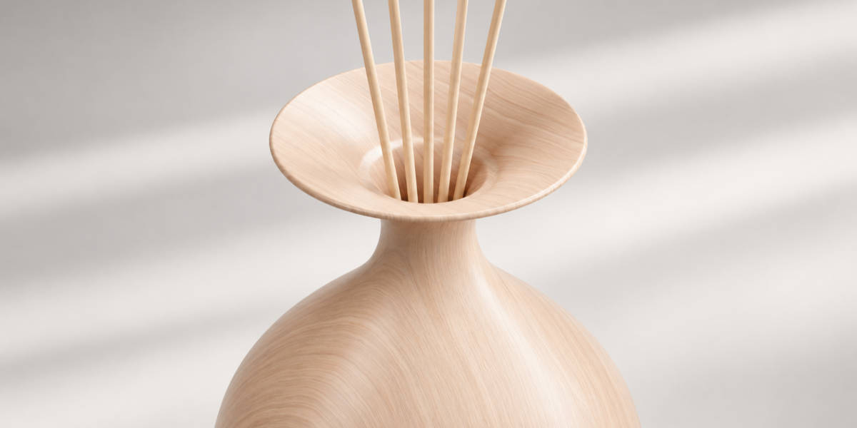 Close view of the flared wood diffuser opening and reeds