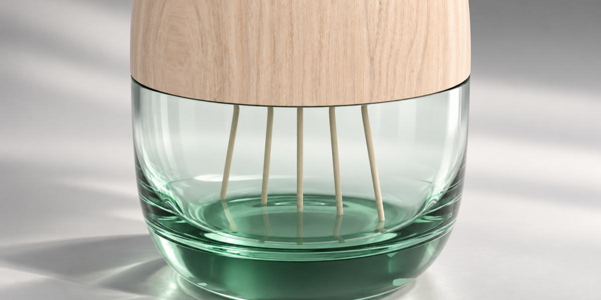 Close view of the wood and green glass transition