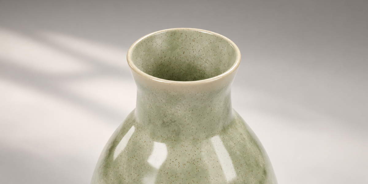 Green and Cream Ceramic Vase Trio detail view