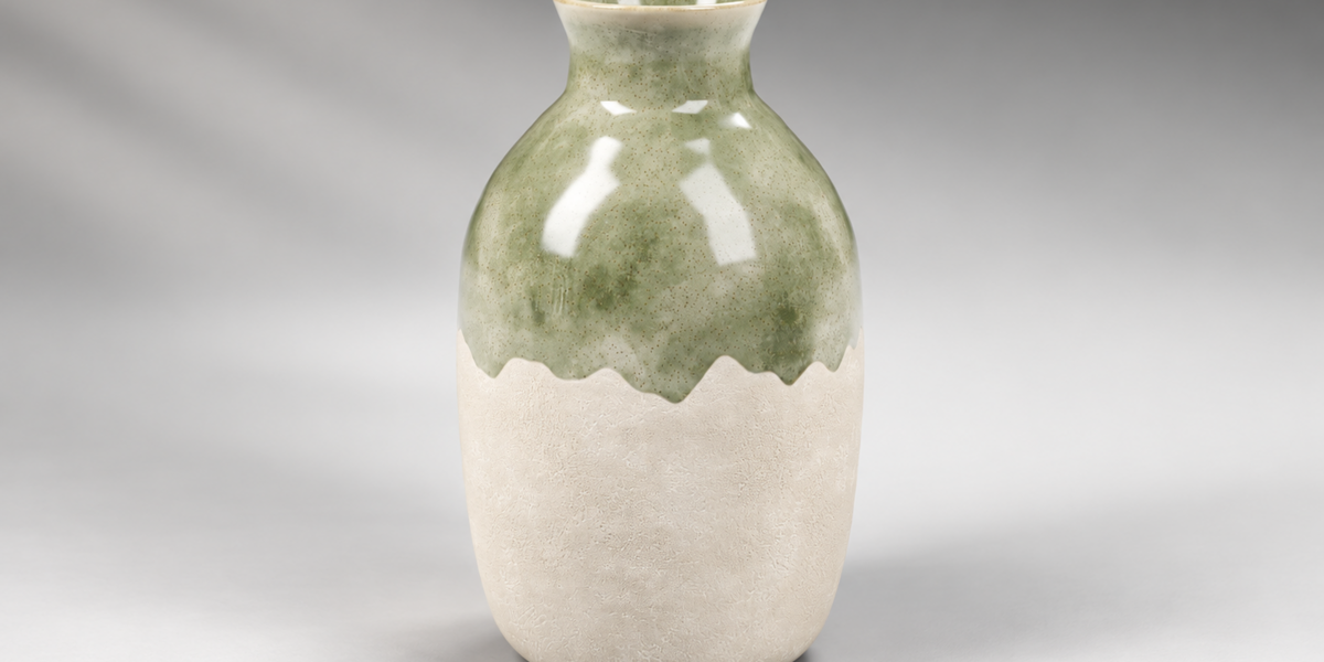 Green and Cream Ceramic Vase Trio material close-up
