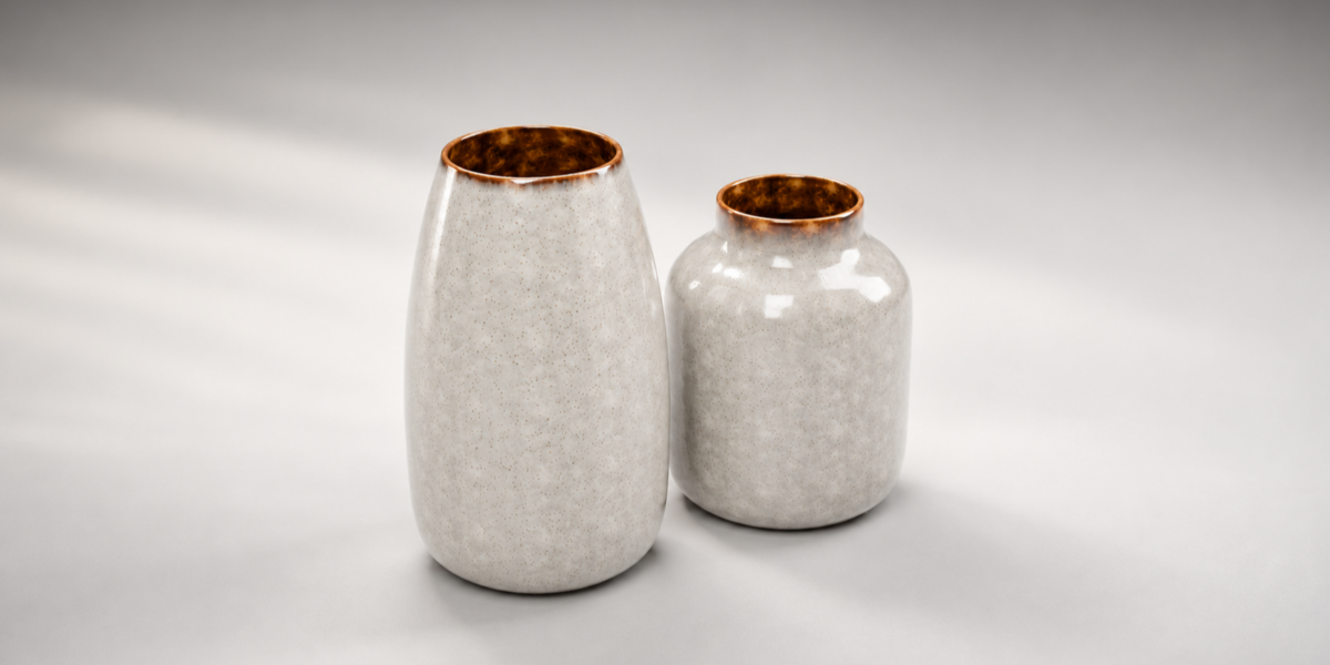 Cream Ceramic Vase Pair with Amber Glazed Rims material close-up