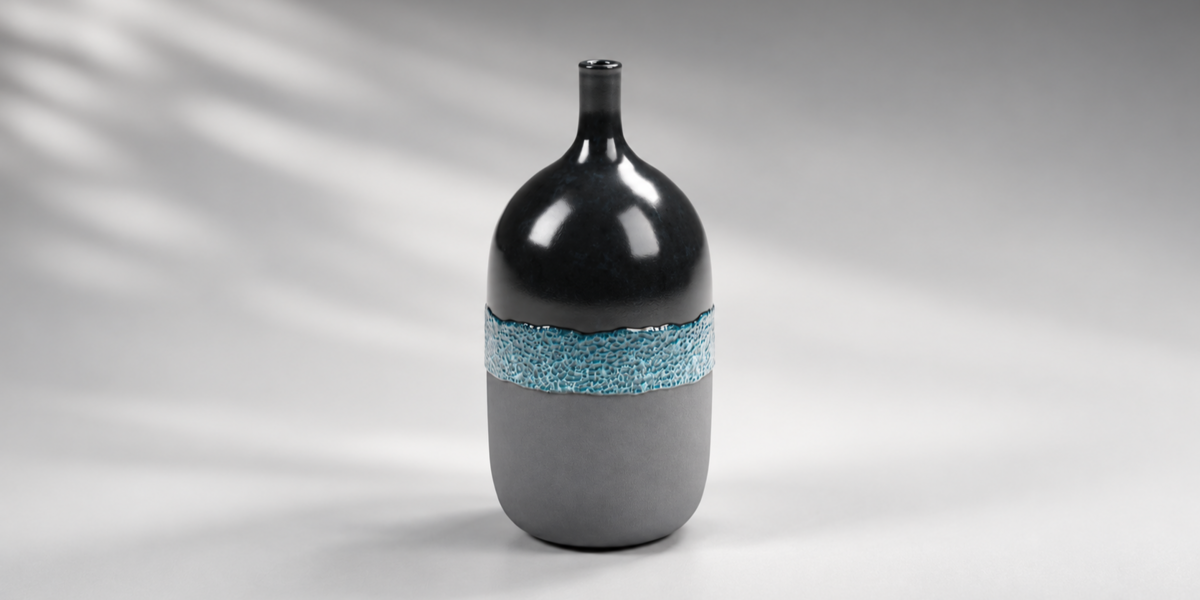 Black and Turquoise Ceramic Vessel Trio material close-up