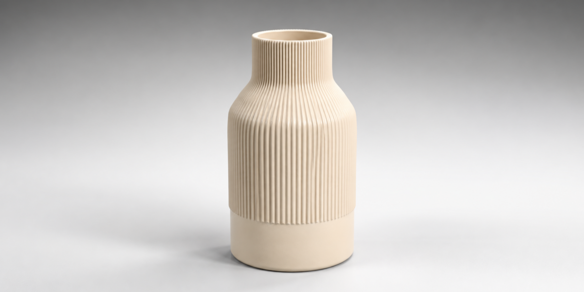Individual view of short cream ribbed vase
