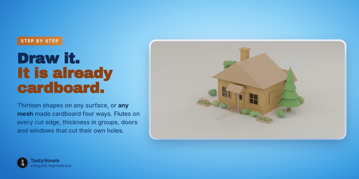 A cardboard house drawn in Blender with Make It Cardboard, flutes on every cut edge