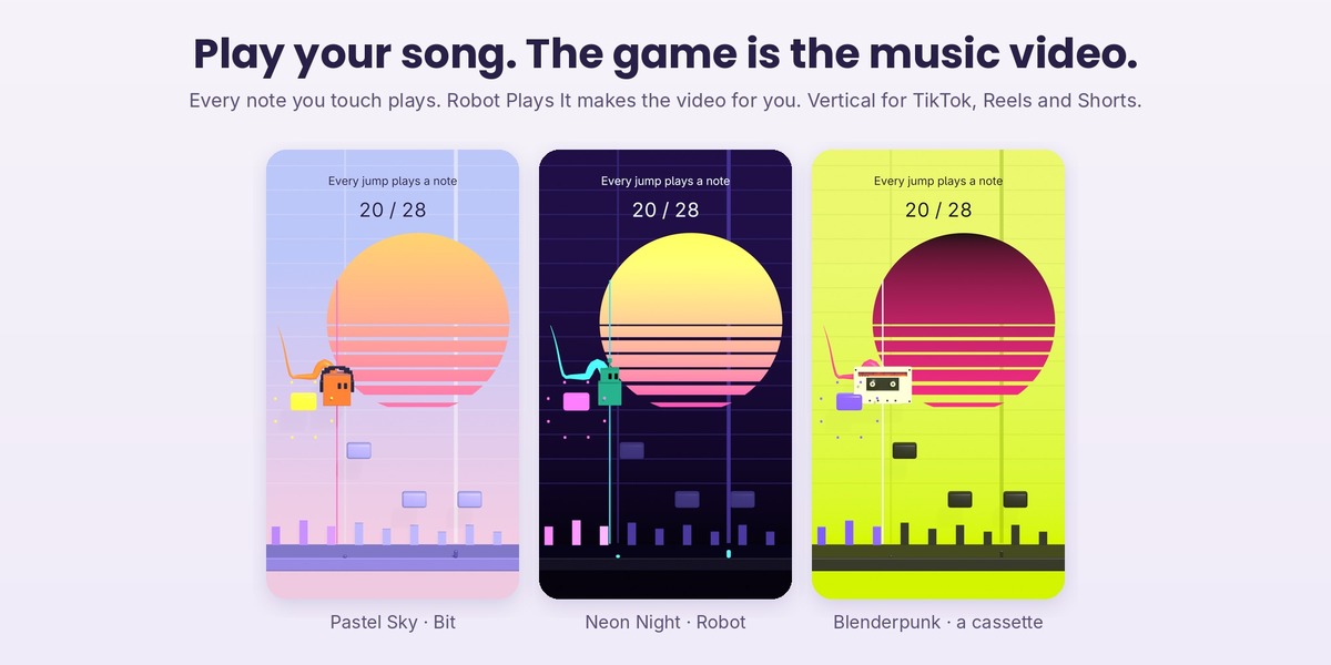 Three vertical Song Game videos: Pastel Sky with Bit, Neon Night with the robot, Blenderpunk with a jumping cassette