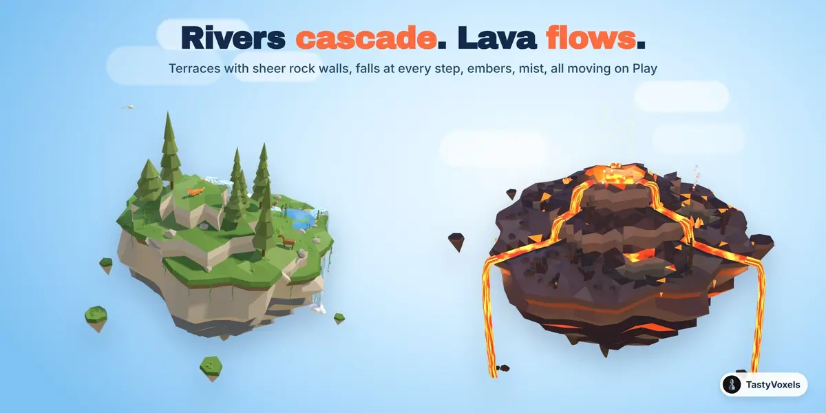 A waterfall island with rivers cascading down terraces, and a lava island with flows and falls