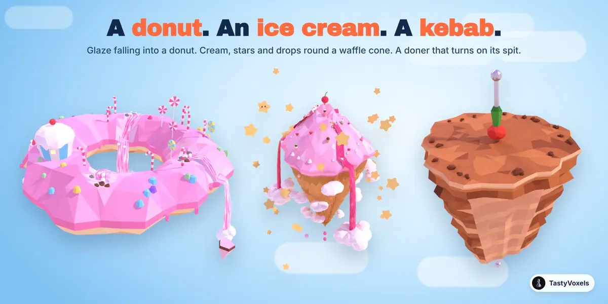 A donut island of pink icing with glaze falling into its hole, an ice cream island of pink cream on a waffle cone with clouds of cream and stars, and a floating doner kebab on its spit with a tomato and a pepper on top