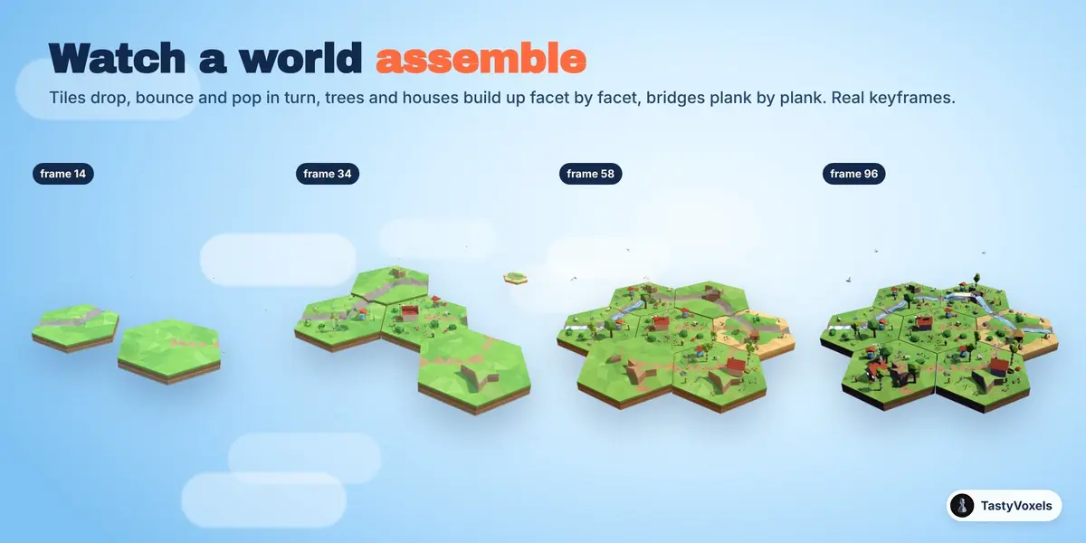 Four frames of a world assembling, tile by tile
