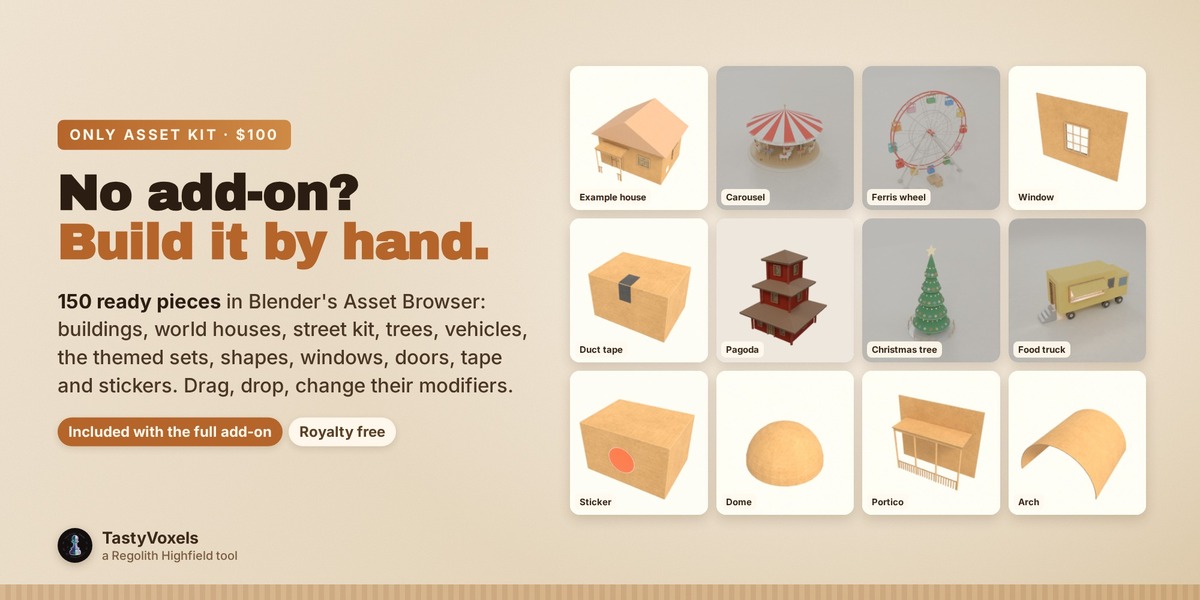 The Only Asset Kit: 150 ready cardboard pieces in Blender's Asset Browser, from an example house to a Ferris wheel, tape and stickers