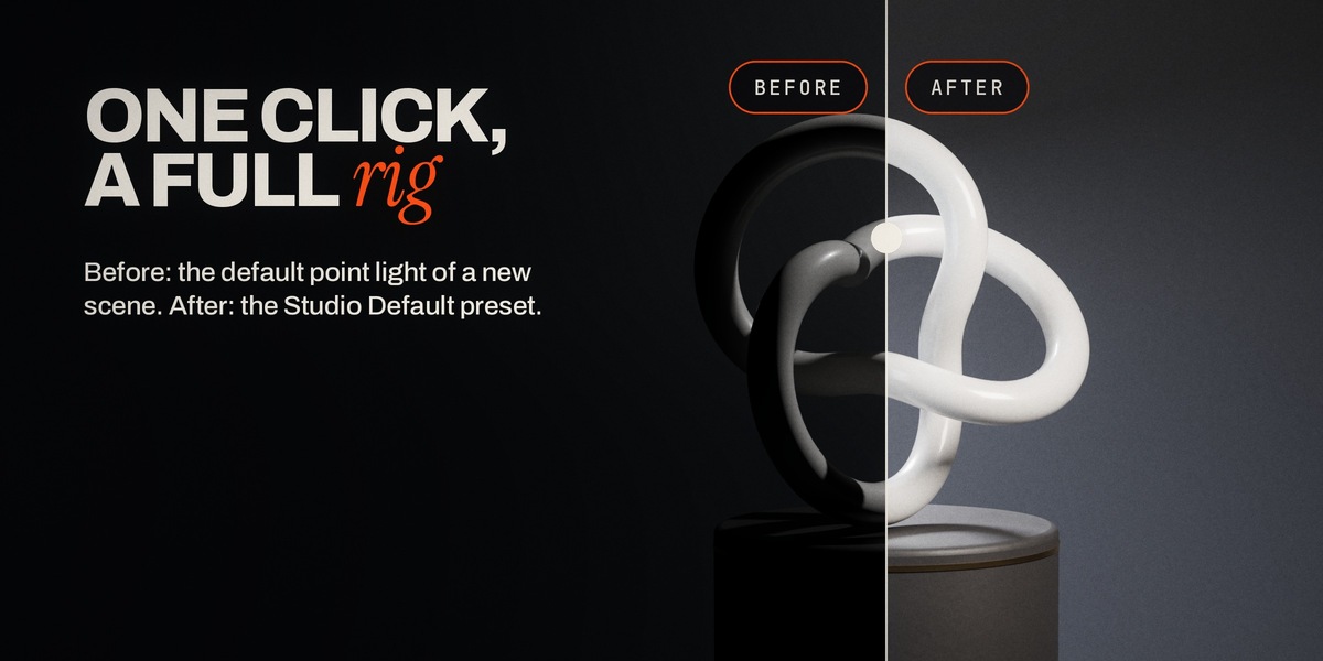 Before: Blender's default point light. After: Studio Default
