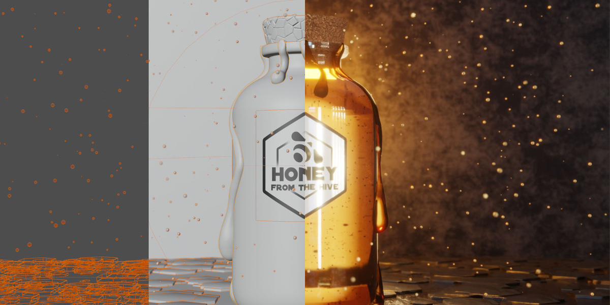 Honey jar shown as wireframe, solid, and final render side by side