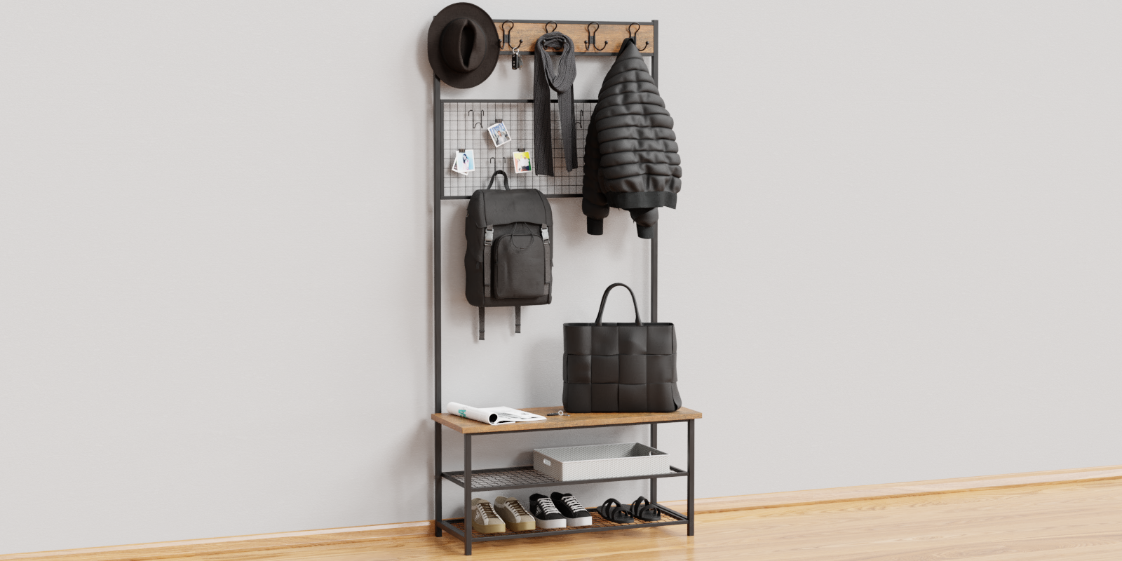 Shoe Key Rack Hallway Industrial Shoe rack with bench (jacket, shawl, bag, hat, shoes ...